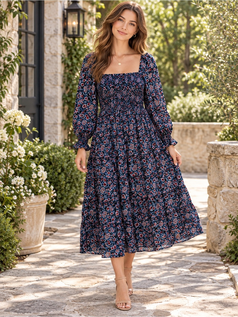 Smocked Square-Neck Navy Floral Midi Dress